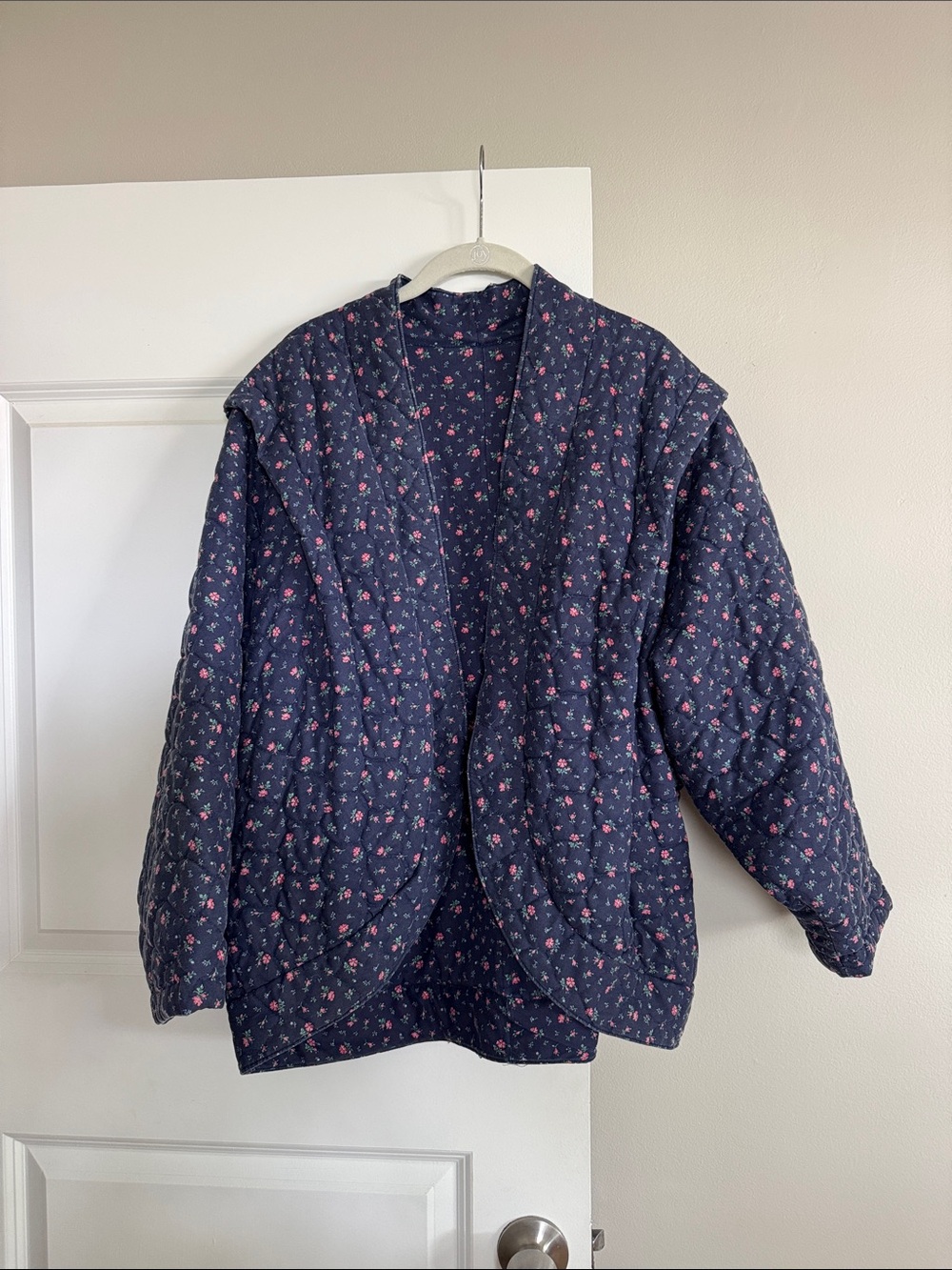 Vintage Navy Quilted Floral Jacket with Pink Accents